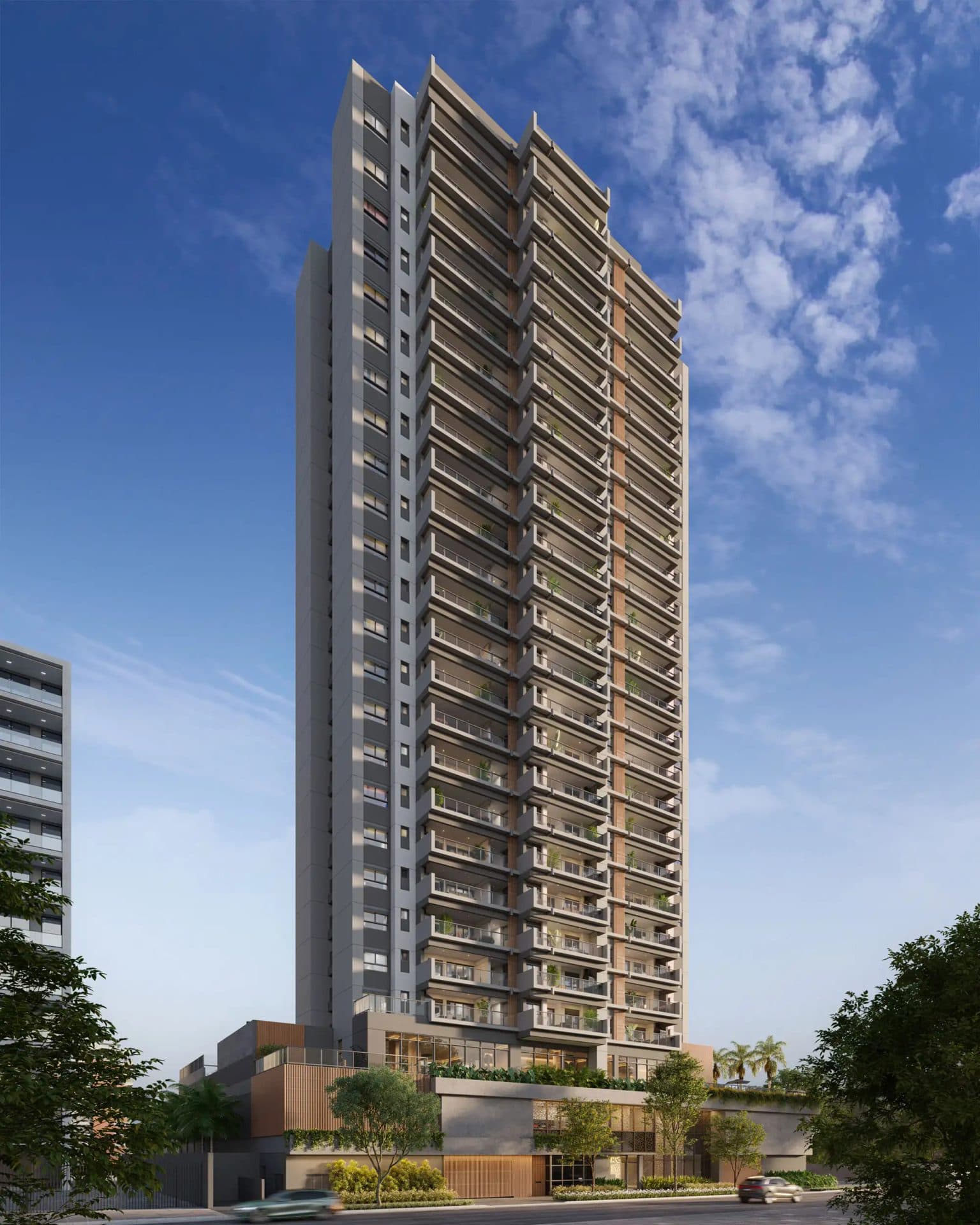Vista externa do edifício residencial com design contemporâneo e varandas.