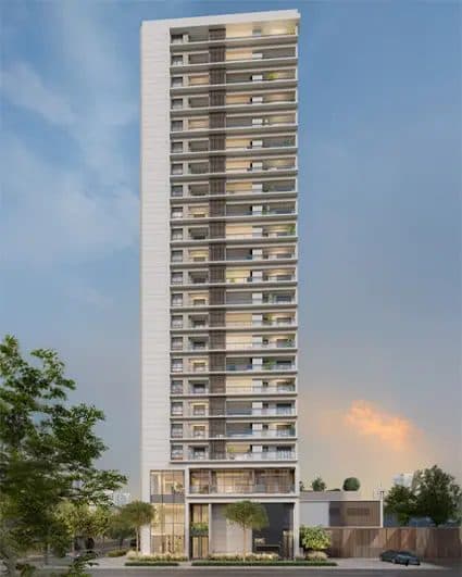 Fachada de edifício residencial alto com design moderno e varandas em todos os andares.