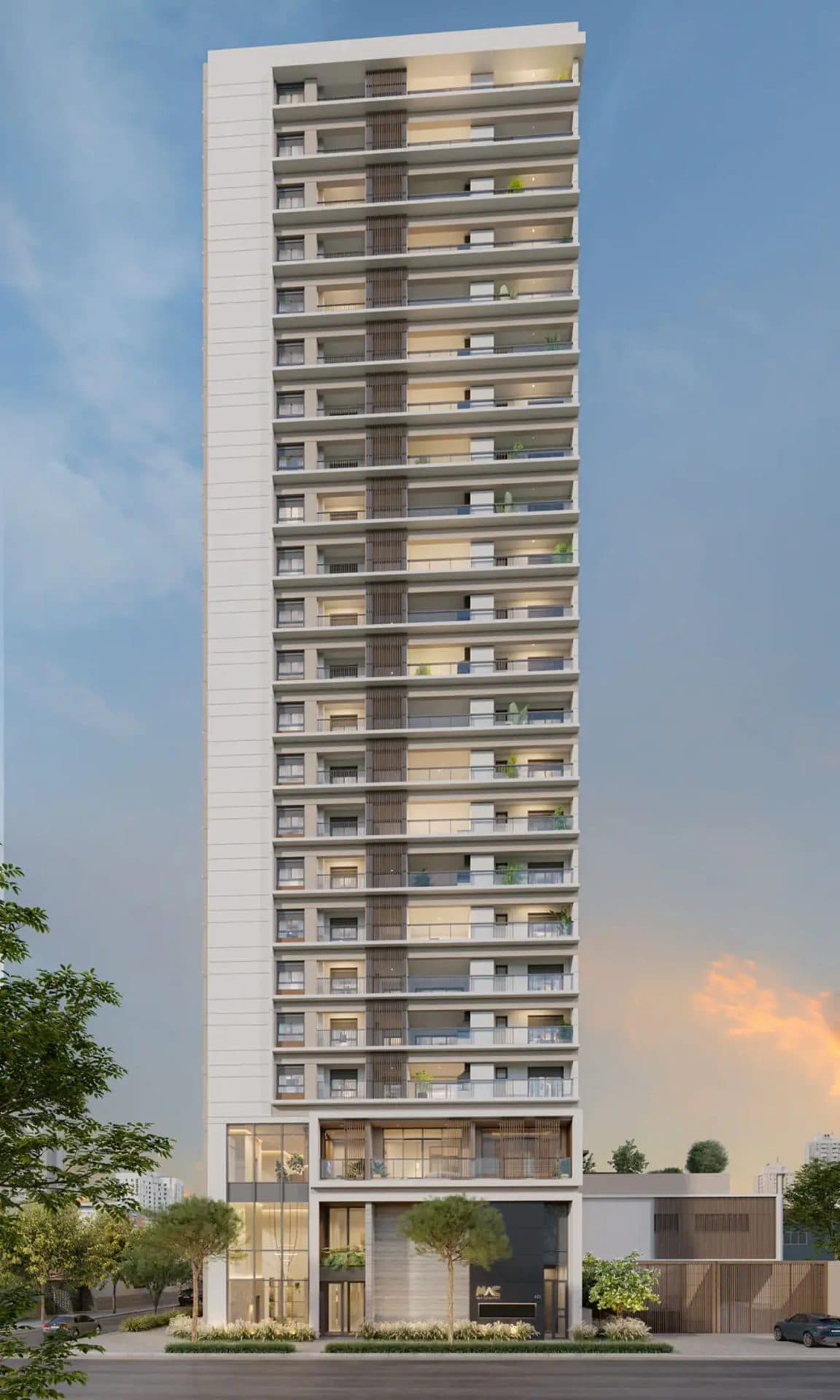 Fachada de edifício residencial alto com varandas e design moderno.